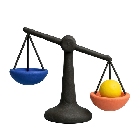 Eine schwarze Waage aus Knete: die blaue Schale steht oben und leer, die orangefarbene unten und schwer.