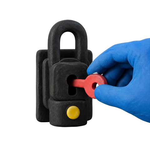 Eine blaue Hand aus Knete steckt einen roten Schlüssel in ein schwarzes Vorhängeschloss mit gelbem Knopf.